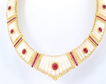 Unique Vintage 14k Yellow Gold Mother Of Pearl Diamond and Ruby Chocker Necklace