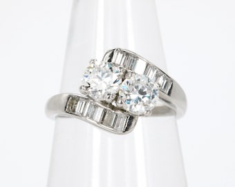 Vintage European Cut & Baguette Cut Natural Diamond Ring in Platinum
