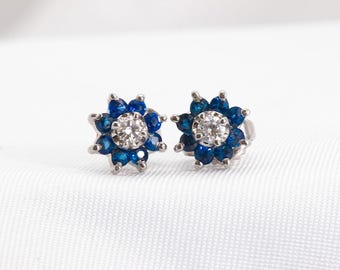 Vintage Floral Sapphire and Diamond Studs in 14k White Gold