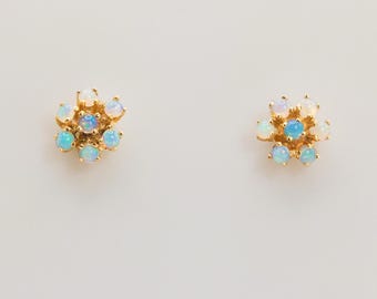 Vintage Dainty Floral Opal Studs in 14k Yellow Gold