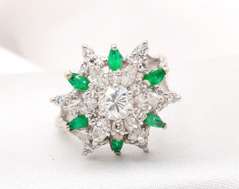 Unique 14k White Gold Vintage Diamond and Emerald Ring 1.25ctw