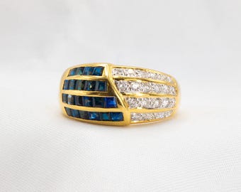Vintage Deep Sapphire and Diamond Band in 18K Yellow Gold