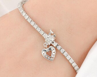 2.00 CTW Diamond Tennis Bracelet in 14K White Gold with Heart Charm