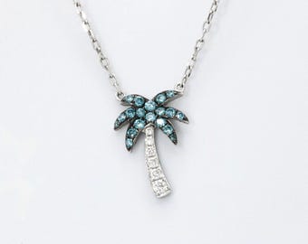 Collier pendentif palmier Effy en or blanc 14 carats et diamants blancs et bleus