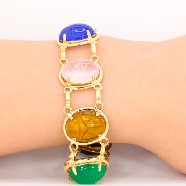 Vintage Scarab 14k Yellow Gold Multicolor Gemstone Bracelet