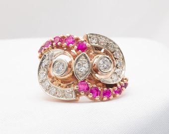 Unique Vintage 14k Rose Gold Diamond and Ruby Owl Ring 2.05ctw
