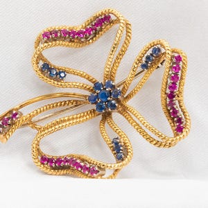 Vintage Ruby and Sapphire Brooch Set in 18k Yellow Gold