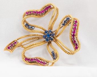Vintage Ruby and Sapphire Brooch Set in 18k Yellow Gold
