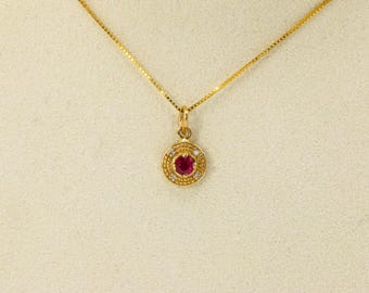 Op de afbeelding: Een gouden ketting met hanger. De ronde hanger heeft een centrale rode edelsteen, omringd door kleine witte edelstenen. De hanger hangt aan een fijne gouden ketting, wat een elegante uitstraling creëert.