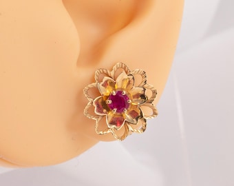 Vintage Ruby Studs with Floral Earring Jackets in 14K Yellow Gold