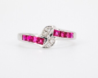 Princess Cut Rubies and Round Brilliant Diamonds in 18K White Gold Band