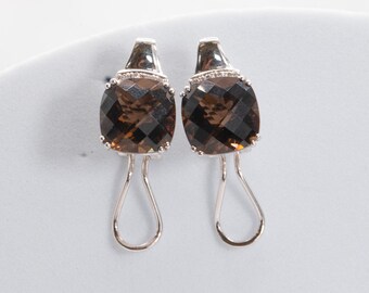 14K White Gold Earrings with Smoky Quartz, Diamond, and Pink Tourmaline