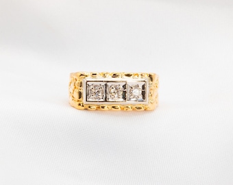 Vintage Nugget-Style 3-Stone Diamond Band in 14K Gold