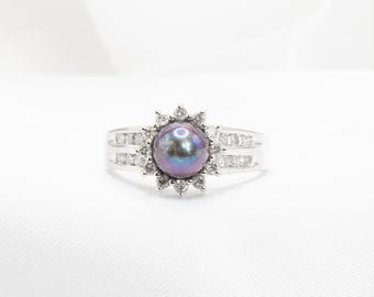 Vintage 14k White Gold Tahitian South Sea Black Pearl and Diamond Ring