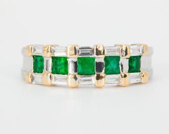 Vintage Green Emerald And Diamond Band In 18k Two-Tone Gold