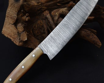 Cuchillo de cocina / Chef de acero Dmascus hecho a mano con mango de hueso