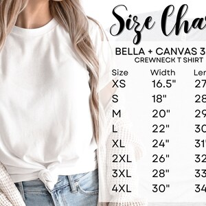 May include: Size chart for Bella + Canvas 3001 crewneck t-shirt. The chart shows the width and length measurements in inches for sizes XS to 4XL.