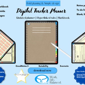 Può includere: Un planner digitale per insegnanti con una copertina marrone e schede colorate. Il planner è aperto su una pagina vuota con righe. Il planner è mostrato sullo schermo di un tablet. Il testo "Digital Teacher Planner" è in alto nell'immagine. Il testo "Planificatore non datato | Schede con collegamento ipertestuale | Registro" è sotto il titolo. Il testo "GoodNotes 5" è sotto l'immagine del planner. Il testo "600+ pagine" è sotto il testo "GoodNotes 5". Il testo "Notability" è sotto l'immagine del planner. Il testo "scarica ora" è sotto il testo "Notability". Il testo "Evernote" è sotto l'immagine del planner. Il testo "Work. Life. Balanced." è sotto il testo "Evernote".