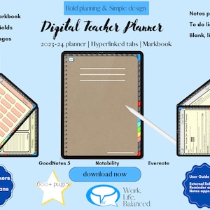 May include: A digital teacher planner for the 2023-24 school year. The planner is designed for use with GoodNotes 5, Notability, and Evernote. It includes a hyperlinked calendar, markbook, seating plans, and notes pages. The planner is pre-dated in UK terms and includes 40 student fields. The image shows a brown cover with a white pencil and a blue background.