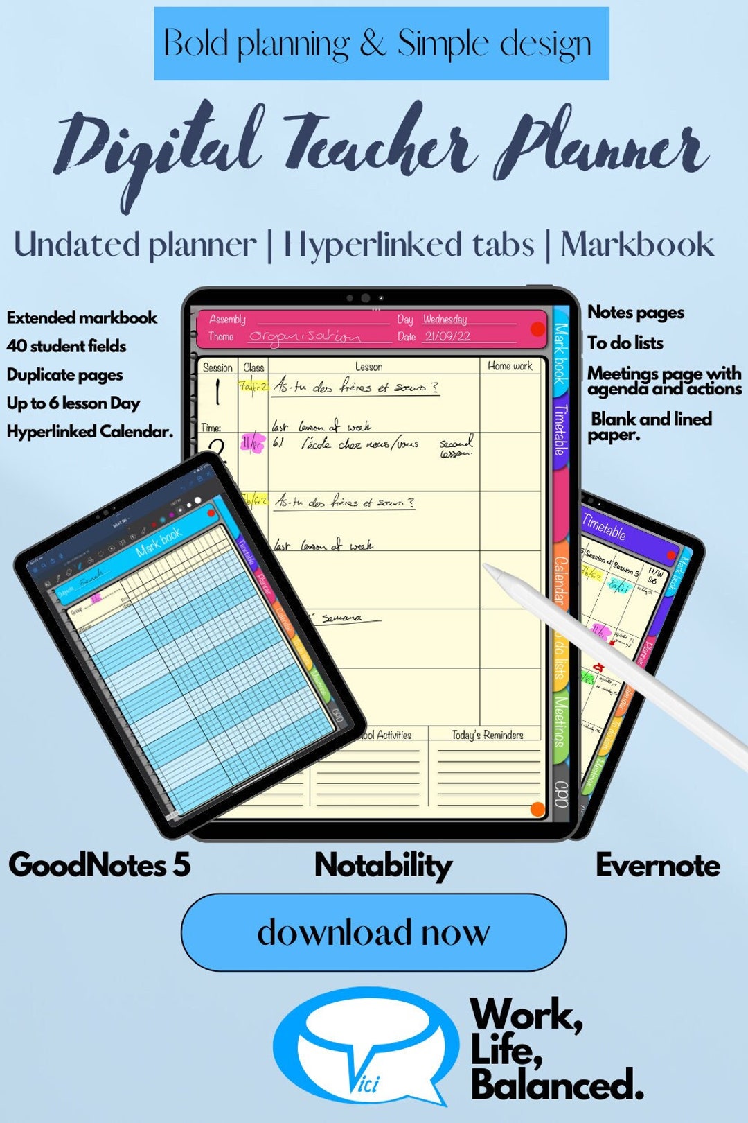 Undated Digital Teacher Planner Portrait | for Goodnotes Notability or ...