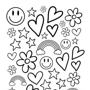 Peut inclure: Page de coloriage en noir et blanc avec une variété de formes, notamment des cœurs, des étoiles, des fleurs, des arcs-en-ciel et des visages souriants.