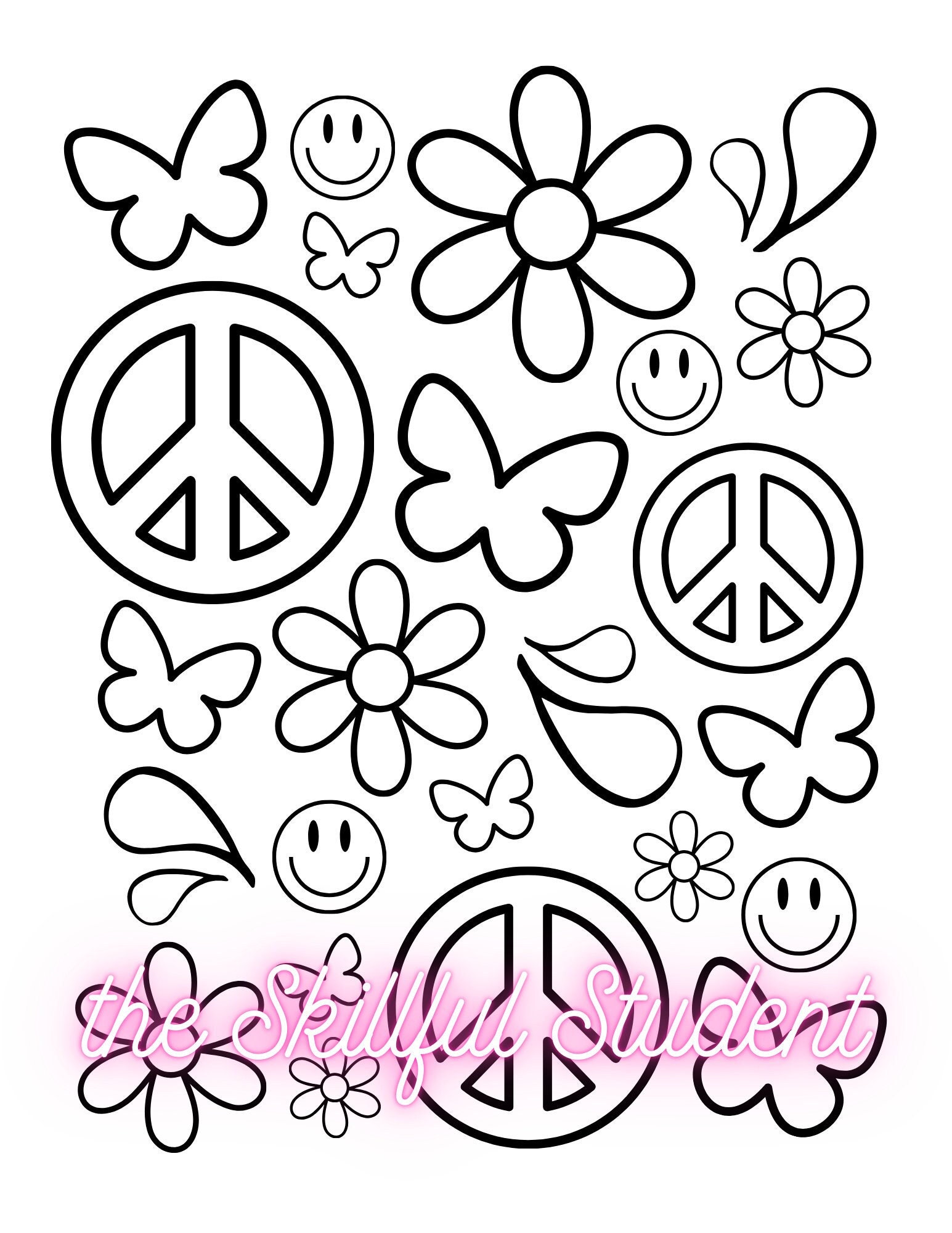 Retro Coloring Page Peace Signs Coloring Page Butterflies Coloring