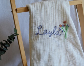 Personalized Hand Embroidered Baby Swaddle - Baby Blanket with Name-Cotton Muslin- Gift for Baby, Mother’s Day Gift