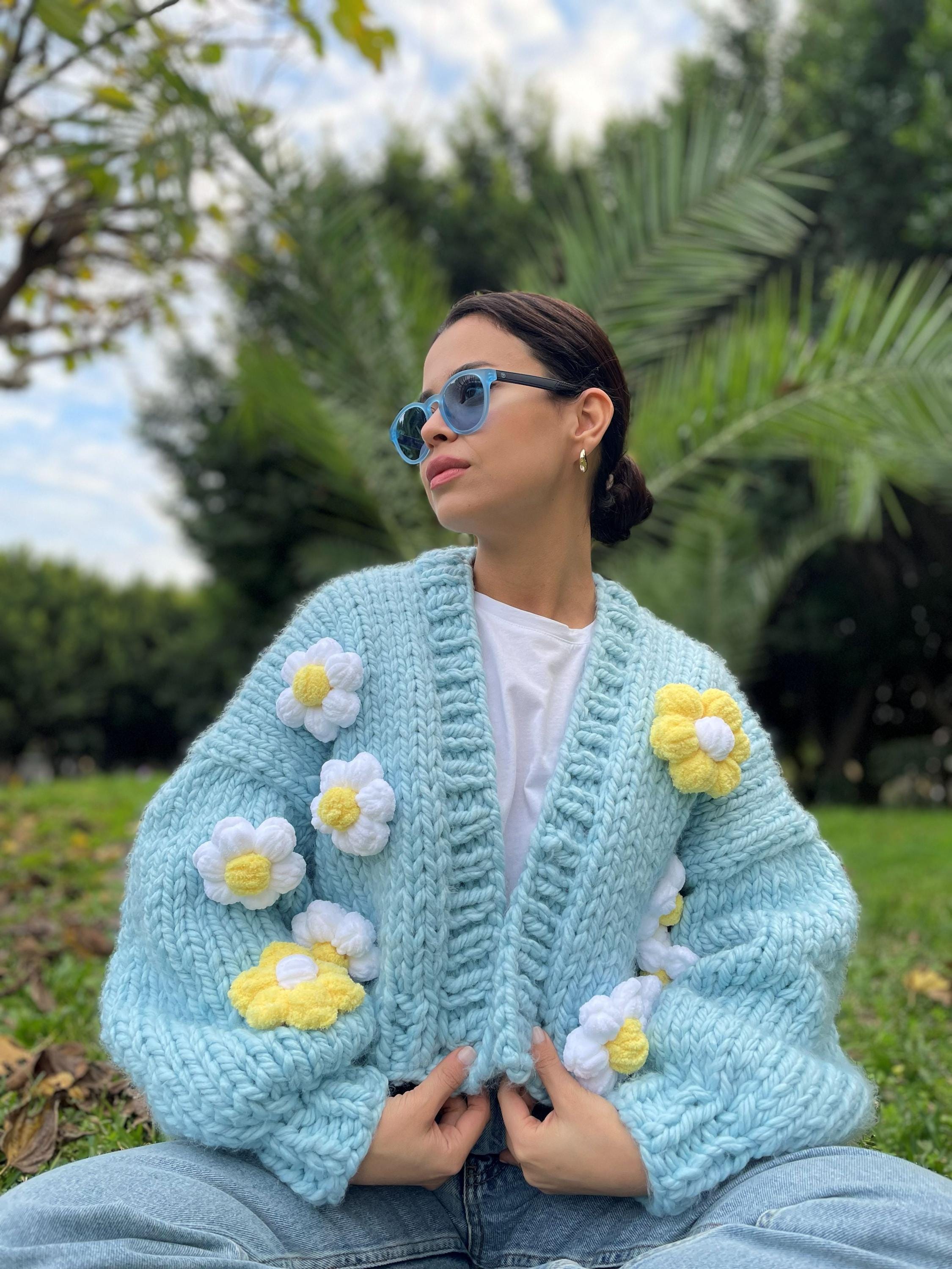 3D Daisy Chunky Cardigan, Hand Knit Flower Sweater, Cottagecore
