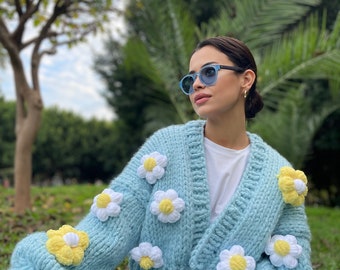 Chunky Daisy Knit Cardigan, Cárdigan de lana, Cárdigan grueso de punto a mano, Regalo del Día de la Madre, Regalo para las mujeres