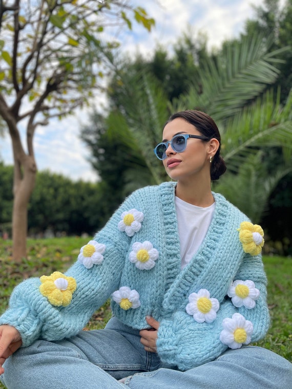 3D Daisy Chunky Cardigan, Hand Knit Flower Sweater, Cottagecore