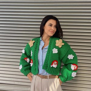 Chunky Christmas Knit Cardigan – Handmade Holiday Sweater, Cozy Red Green Knit, Winter Outfit, Xmas Gift for Women