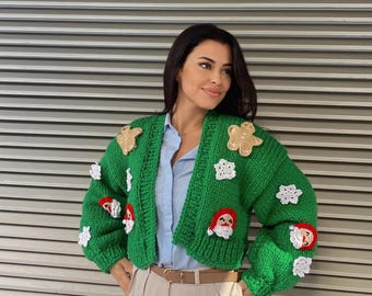 Hand Knit Christmas Cardigan, Chunky Wool Blend Sweater, Festive Appliqués, Oversized Winter Warmth