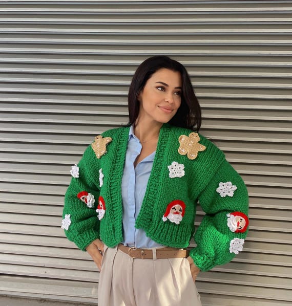 Hand Knit Christmas Cardigan, Chunky Knit Holiday Sweater, Oversized Christmas Sweater, Handmade Winter Cardigan, Christmas Gift for Her