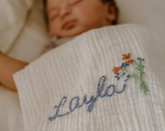Personalized Floral Embroidered Muslin Baby Blanket, Custom Name Organic Cotton Swaddle, Newborn Gift