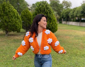 3D Daisy Chunky Cardigan, Hand Knit Flower Sweater, Cottagecore