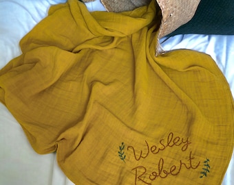 Personalized Embroidered Muslin Baby Blanket | Custom Name Baby Shower Gift | Handcrafted Floral Swaddle Keepsake