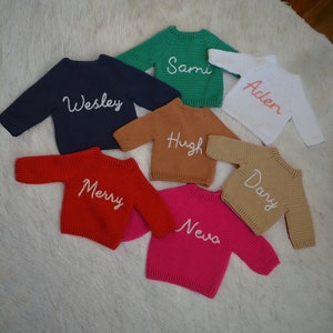 BABY NAME SWEATER, Hand Embroidered Knit Sweater, Toddler Sweater, Newborn Name Sweater,  Custom Baby Knit Sweater, Christmas Knit Gift,