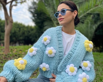 Hand Knit Daisy Cardigan, Chunky Wool Sweater, Boho Cottagecore Style