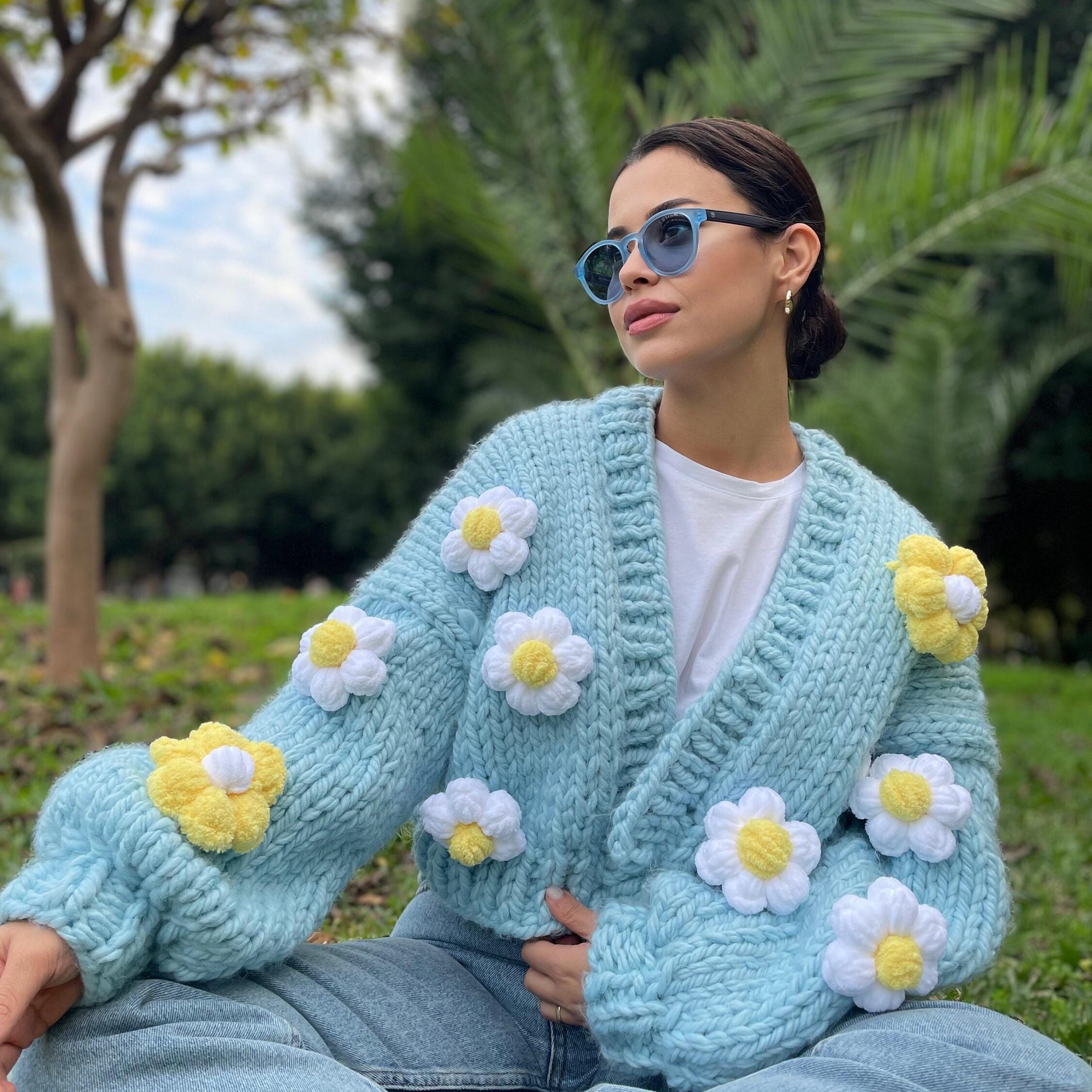 Handmade Daisy Cardigan, 3D Floral Wool Knit Sweater, Oversized
