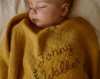 Personalized Baby Swaddle: Custom Hand Embroidered Muslin Blanket With Baby Name