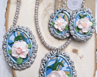 Delicate Pink Flower Necklace, Earring and Keychain Set