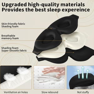 May include: Black sleep mask with white and black layers, showcasing features like ventilation air holes and slow rebound. The text reads "Upgraded high-quality materials Provides the best sleep experience."