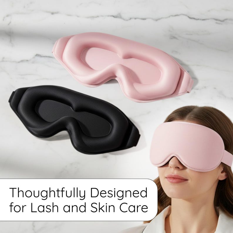 May include: Pink and black sleep masks with a contoured design. The masks are shown with the text "Thoughtfully Designed for Lash and Skin Care". The masks are designed to block out light and are made of a soft material.