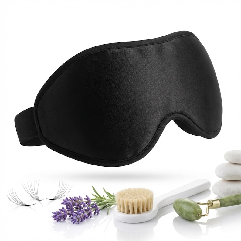 May include: A black sleep mask with an elastic band, shown with lavender, a facial brush, a jade roller, and stacked white stones. The mask is made of a smooth, dark fabric, designed to block out light.