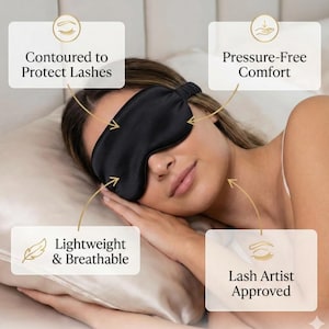 May include: A black sleep mask is shown, designed to protect lashes and provide pressure-free comfort. The mask is lightweight and breathable, as indicated by the text. The product is Lash Artist Approved.
