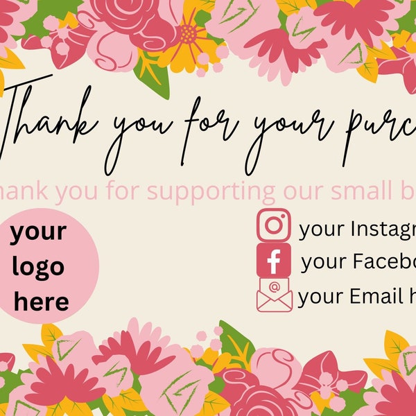 PRINTABLE Thank You Business Cards Template | Etsy Small Business Thank You For Your Purchase | Editable Customer Packaging Insert Note.