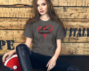 Double Heart Love Yourself T-Shirt | Graphic Tee for Self-Love | Inspirational Message | White Tee with Red Hearts