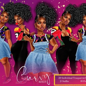 Curvy Girl Clipart, Fashion Illustrations for Planners, Plus Size Black Girl Clipart, Curvy Kelly V2, African American png, Digital Download