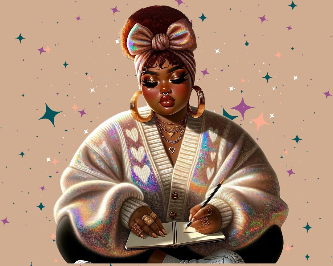 Plus Size Black Woman Journaling PNG High Quality Image for T-shirt ...