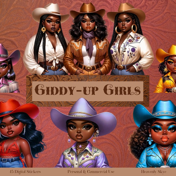 Western Chibi Clipart Bundle | Afro Cowgirl Digital Stickers | Texas Hold-Em Inspired Black Girl PNG Collection for Sublimation & POD